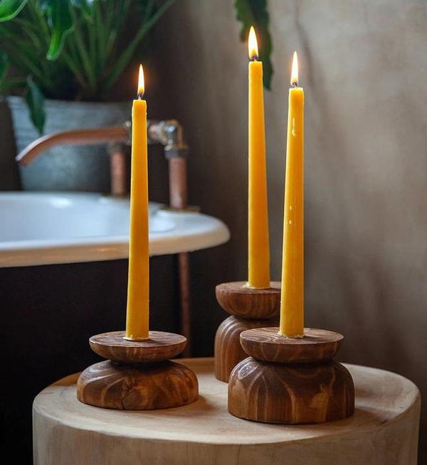 Wide base wooden Candle Holders - Set of 3