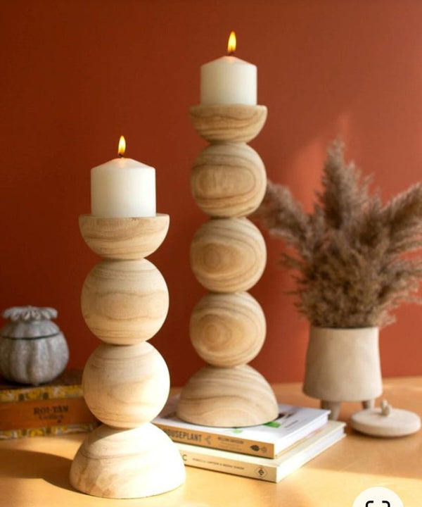 Natural Wooden Candle Holders - Set of 2